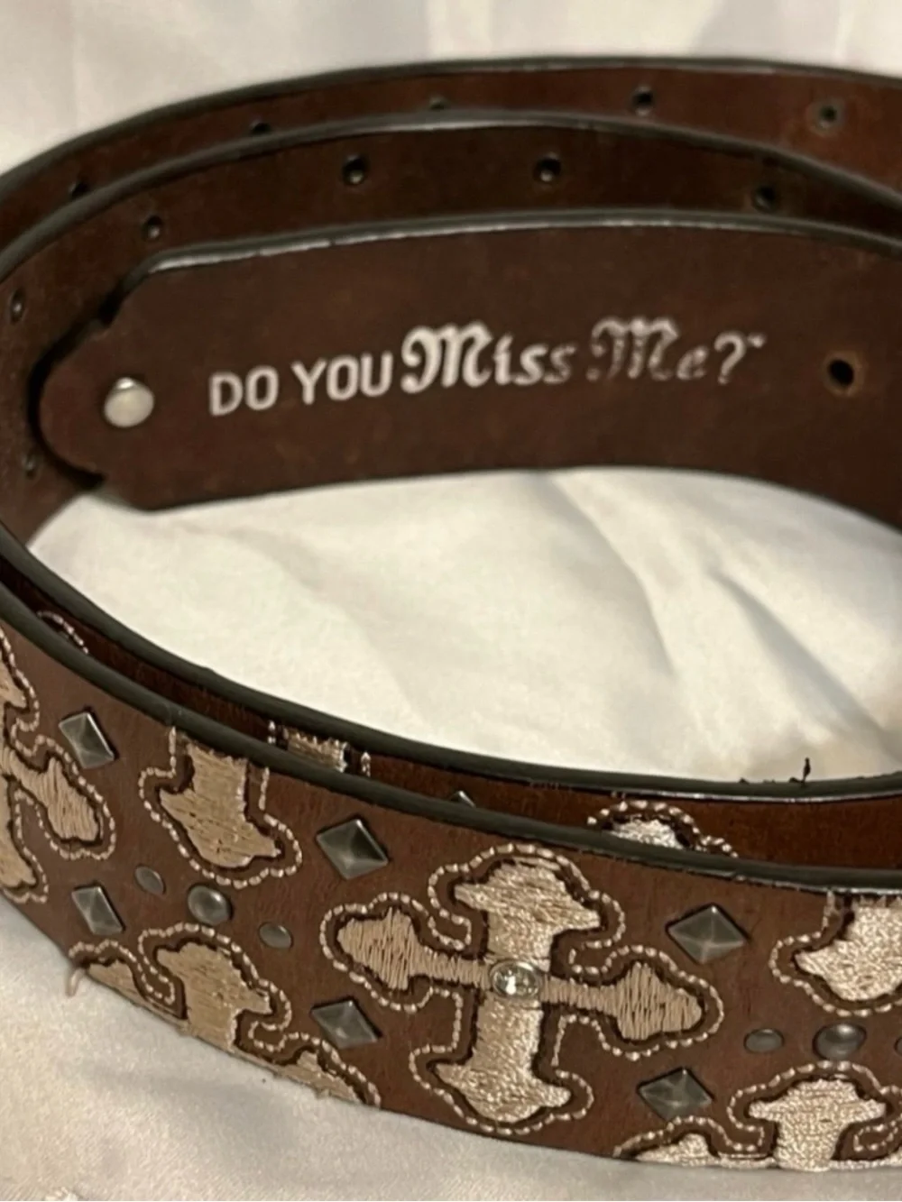 MISS ME: “Do You Miss Me” Embroidered Leather Studded Belt NWT